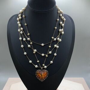 Curated bundle faux pearls + lucite heart romantic style necklaces.